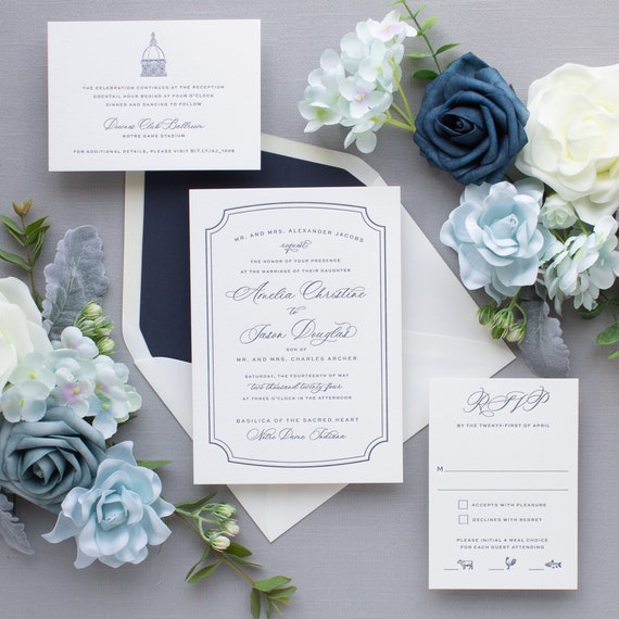 Navy Letterpress Wedding Invitations, Navy Blue Invitation Suite, Notre Dame Wedding Invitation Venue Illustration, SAMPLES | Proper