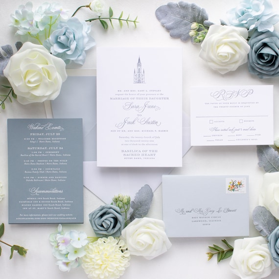 Notre Dame Wedding Invitations, Dusty Blue Letterpress Invitations in Shades of Blue | SAMPLE | Dusty Blue Basilica