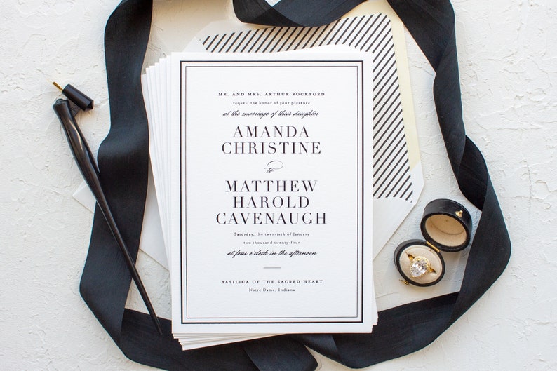 Classic Wedding Invitations for Notre Dame Brides SAMPLE Classic Border Black Foil Stamp Invitations for Formal Weddings