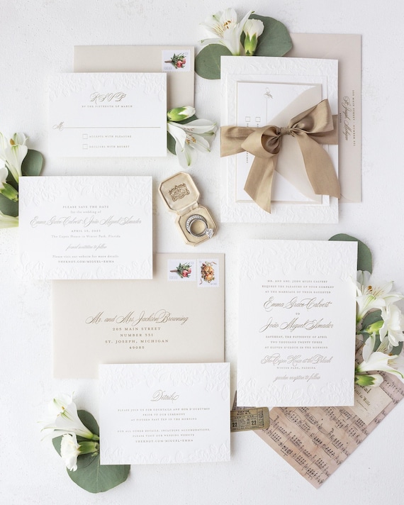 Romantic Wedding Invitations, Blind Deboss and Champagne Foil Stamp Calligraphy Script Names Wedding Invitation | SAMPLE | Veranda