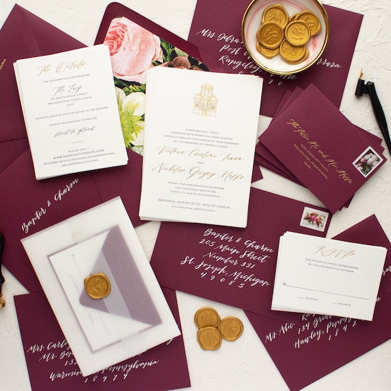 Wedding Venue Illustration Invitations, Custom Letterpress Invitations in Gold Foil with Venue Sketch | SAMPLE | Victoria
