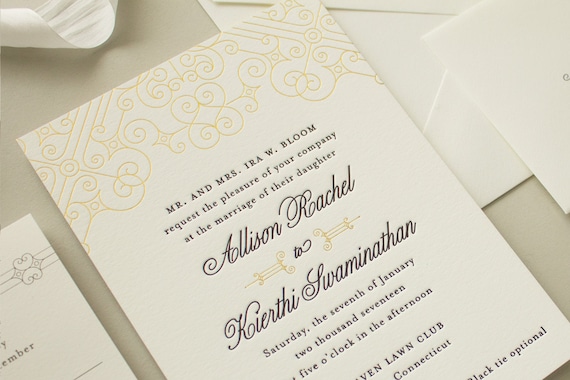 Gold Foil Wedding Invitations, Vintage Art Deco Letterpress Invitations with Gold Edge Painting, Letterpress Wedding Invite SAMPLE | Posh