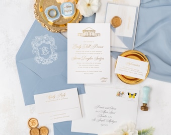 Turtle Creek Park Wedding Invitations with Arlington Hall Venue Illustration, Gold Foil Press Wedding Invitation | SAMPLE | Emily