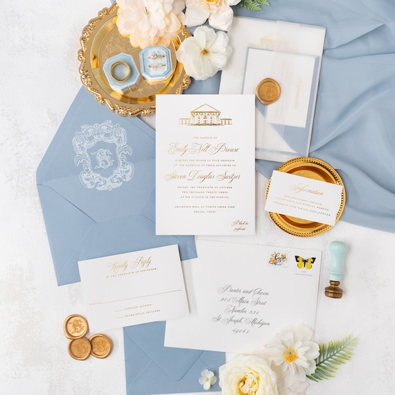 Turtle Creek Park Wedding Invitations with Arlington Hall Venue Illustration, Gold Foil Press Wedding Invitation | SAMPLE | Emily