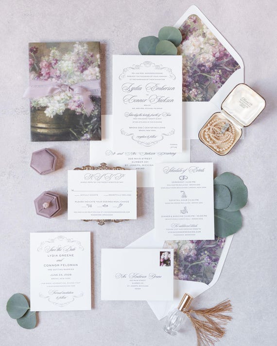 Vintage Letterpress Wedding Invitations with Vellum Overlay, Calligraphy Flourish Invitations, Dusty Purple Wedding | SAMPLE Sanctuary