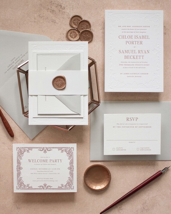Blind Emboss Wedding Invitations, Textured Paper Invitations for Formal Weddings | SAMPLE | Porter