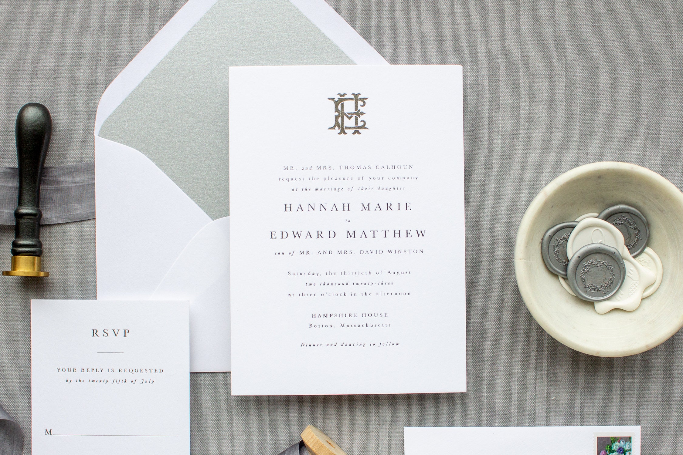 Silver Foil Wedding Invitations with Interlocking Monogram, Custom