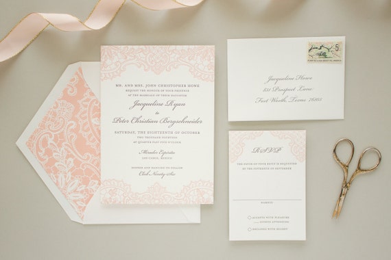 Letterpress Wedding Invitation with Letterpress Lace, Vintage Lace Invitation, Pink Invitations, Elegant Wedding Invite SAMPLE | Hope