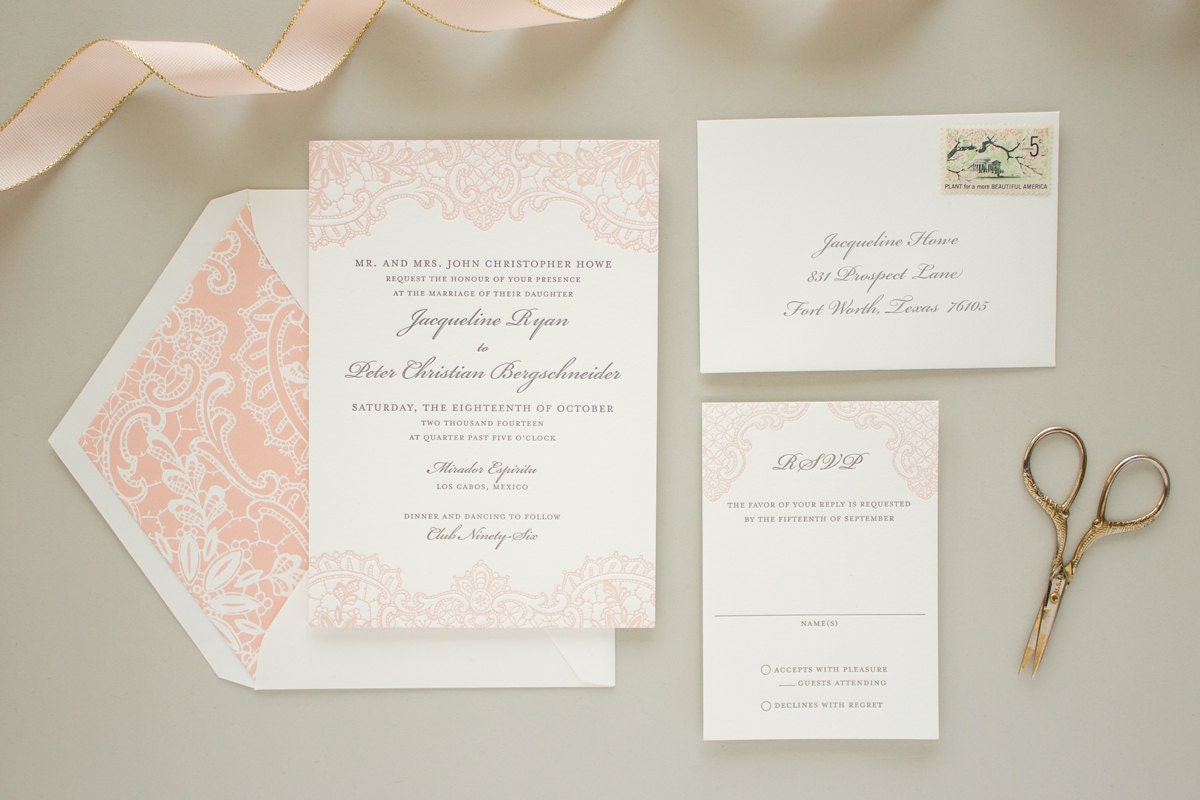 Letterpress Wedding Invitation with Letterpress Lace, Vintage Lace ...