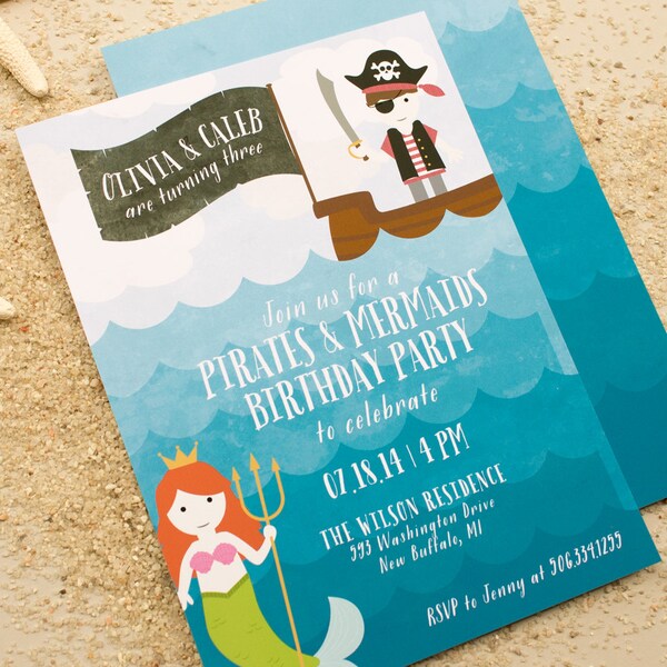 Pirates and Mermaids Party Invite, Children's Birthday Invitation, Pirate Theme Party, Personalized Invites for Birthday Parties