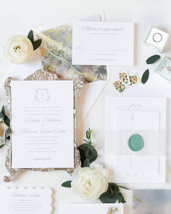Custom Monogram Invitations in Green Letterpress, Wedding Crest Wax Seal Invitation Suite in Letterpress Printing | SAMPLE | Meadow