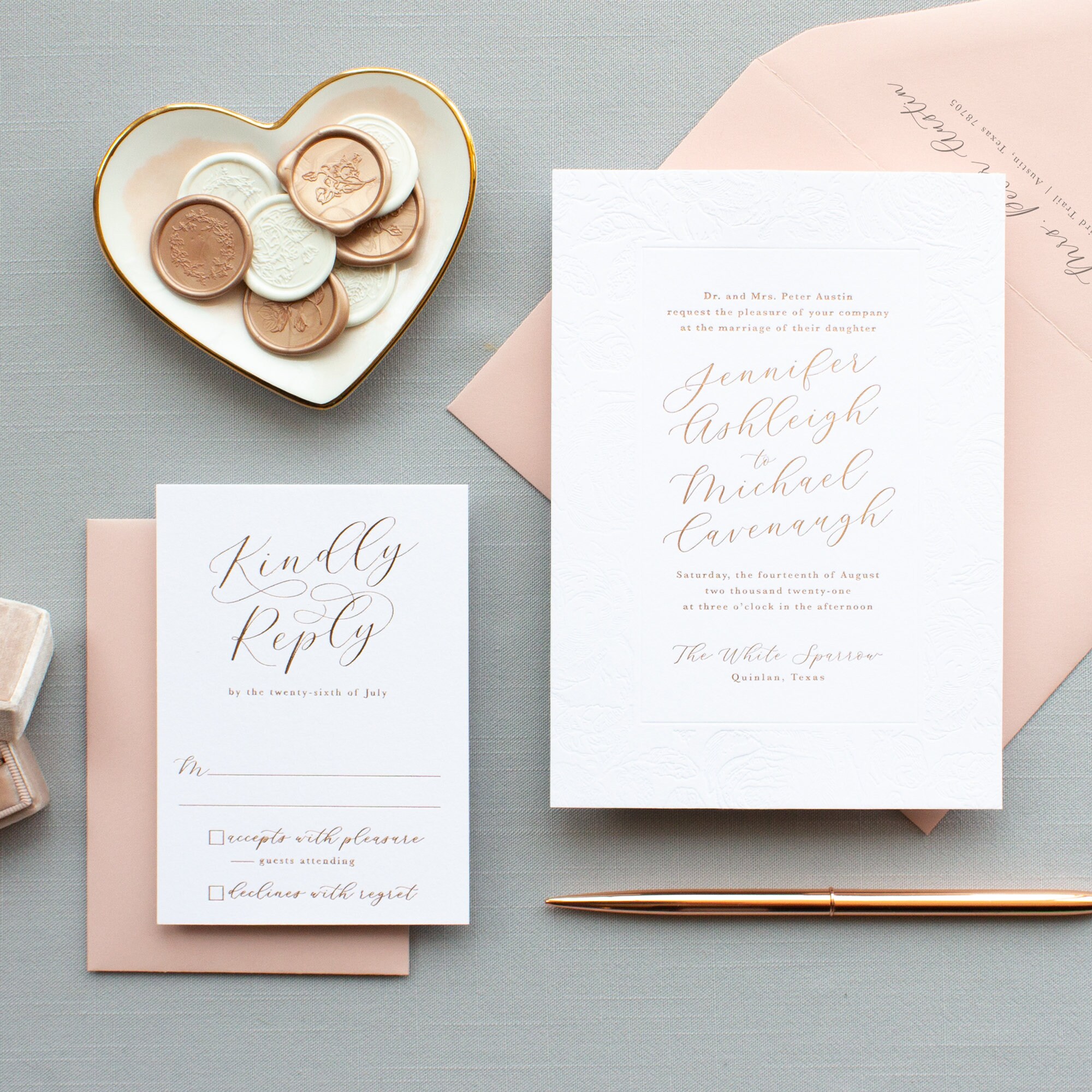 Rose Gold Foil Wedding Invitations, Blind Deboss and Rose Gold Foil