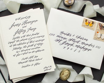 Calligraphy Invitations for Formal Weddings, Modern Calligraphy Wedding Invitation in Black and Ecru | SAMPLE | Contempo