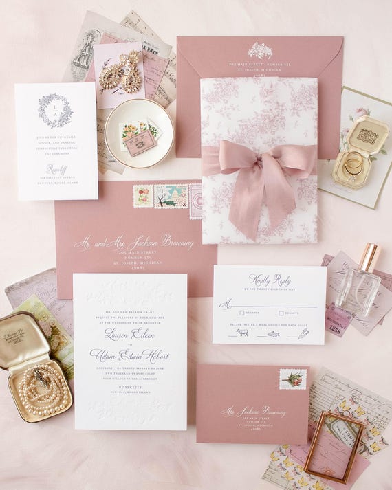 Blind Letterpress Invitation with Silk Ribbon on 2-Ply Cotton Paper, Rosecliff Wedding Invitations, Custom Letterpress SAMPLES | Terrace