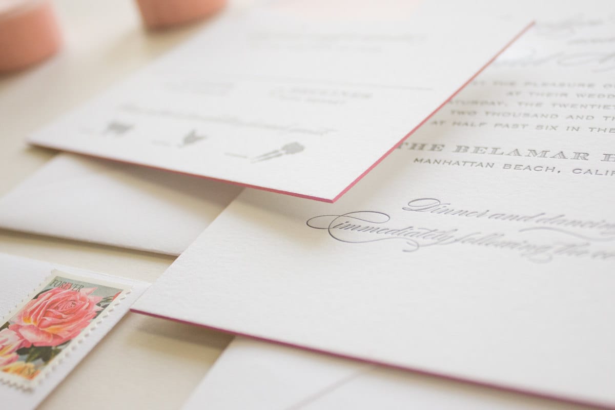 Elegant Wedding Invitations in Grey Letterpress, Pink Edge Painting