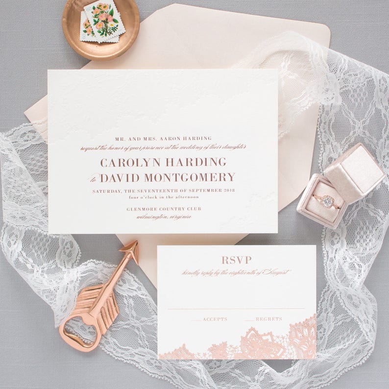 Rose Gold Foil Invitations Blind Letterpress Lace Wedding