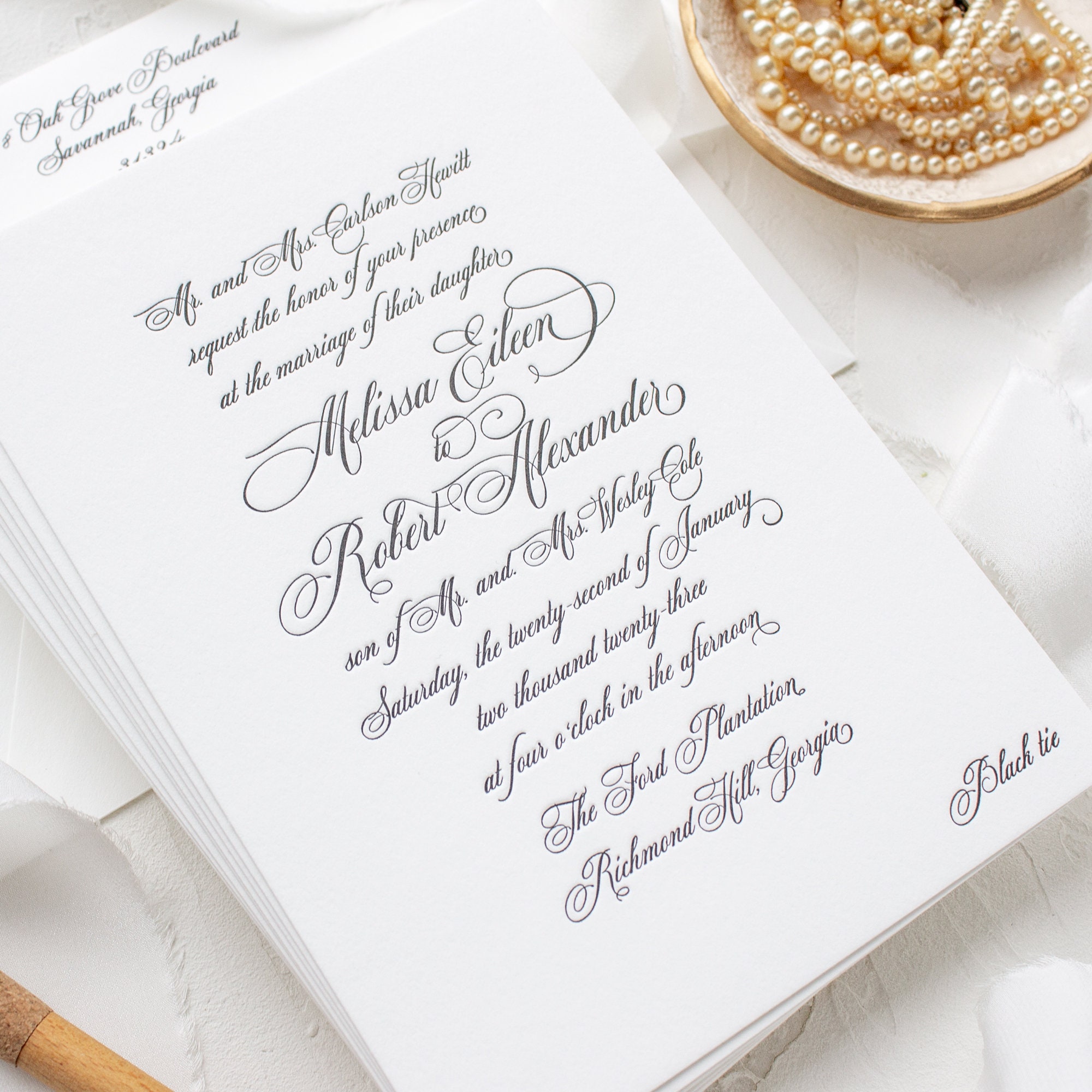 Formal Elegant Wedding Invitations in Letterpress, Traditional Invitations for Southern Brides