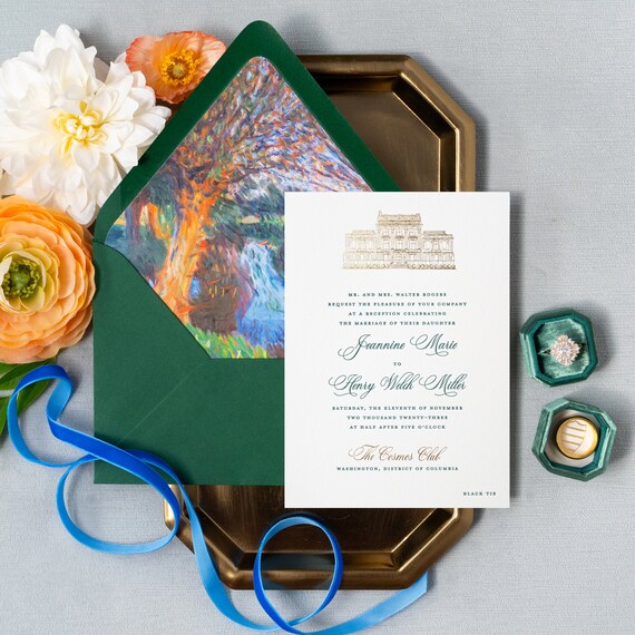 Washington DC Wedding Invitations, Letterpress and Gold Foil Wedding Invitation with Custom Venue Sketch  | Jeannine