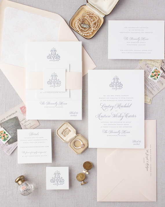 Blush and Ivory Wedding Invitation with Monogram in Letterpress | Classic Elegant Wedding Suite with Belly Band | SAMPLE | Classically