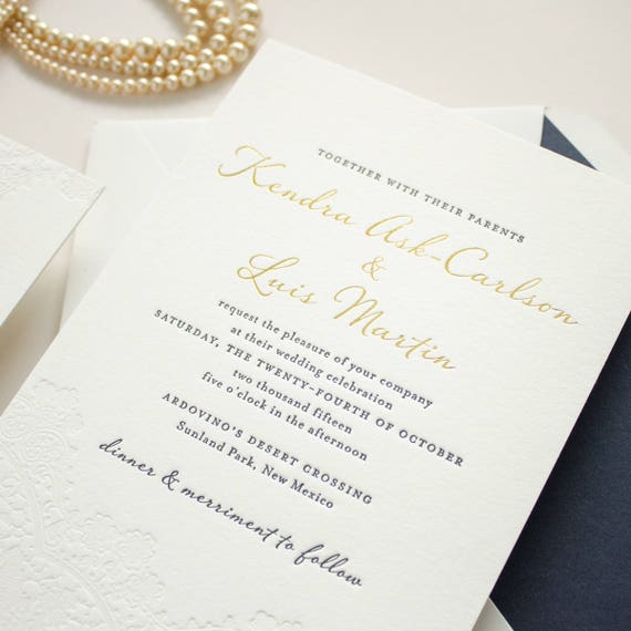 Gold Foil Wedding Invitation, Blind Impress Lace, Navy Letterpress, Blind Letterpress Romantic Invites, Letterpress SAMPLES | Harmony