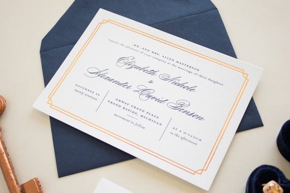 navy and copper foil stamped wedding invitations typographic etsy