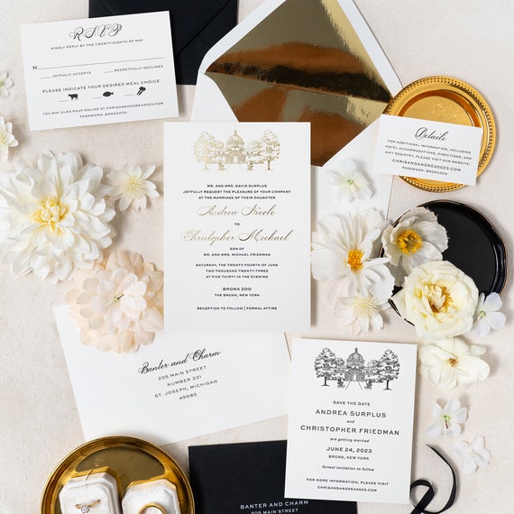 Bronx Zoo Wedding Invitation with Venue Illustration, Gold Foil Press Wedding Invitation | SAMPLE | Andrea
