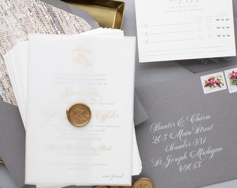 Invitations de mariage avec monogramme en feuille d'or, invitations avec sceau de cire pour le mariage de Beaver Creek au Colorado, ÉCHANTILLONS | Jamie