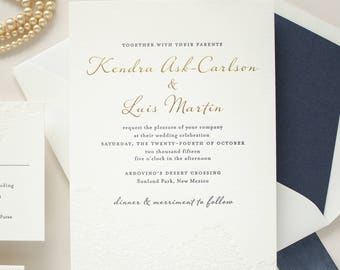 Letterpress Wedding Invitation, Blind Deboss Invitation with Silk Ribbon on 2-Ply Cotton Paper, Custom Letterpress SAMPLES | Harmony