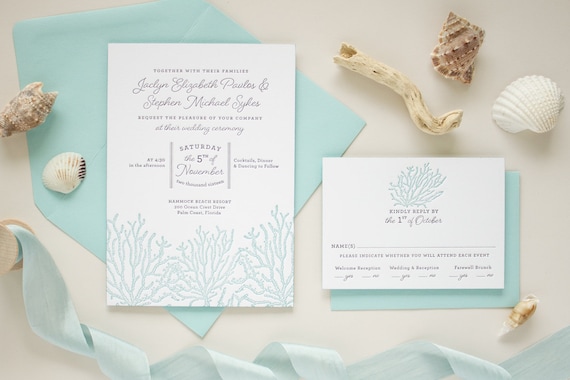 Beach Theme Wedding Invitations, Letterpress Printing, Luxury Destination Wedding Invitations, Custom Beach Invitation Set | Coral Reef