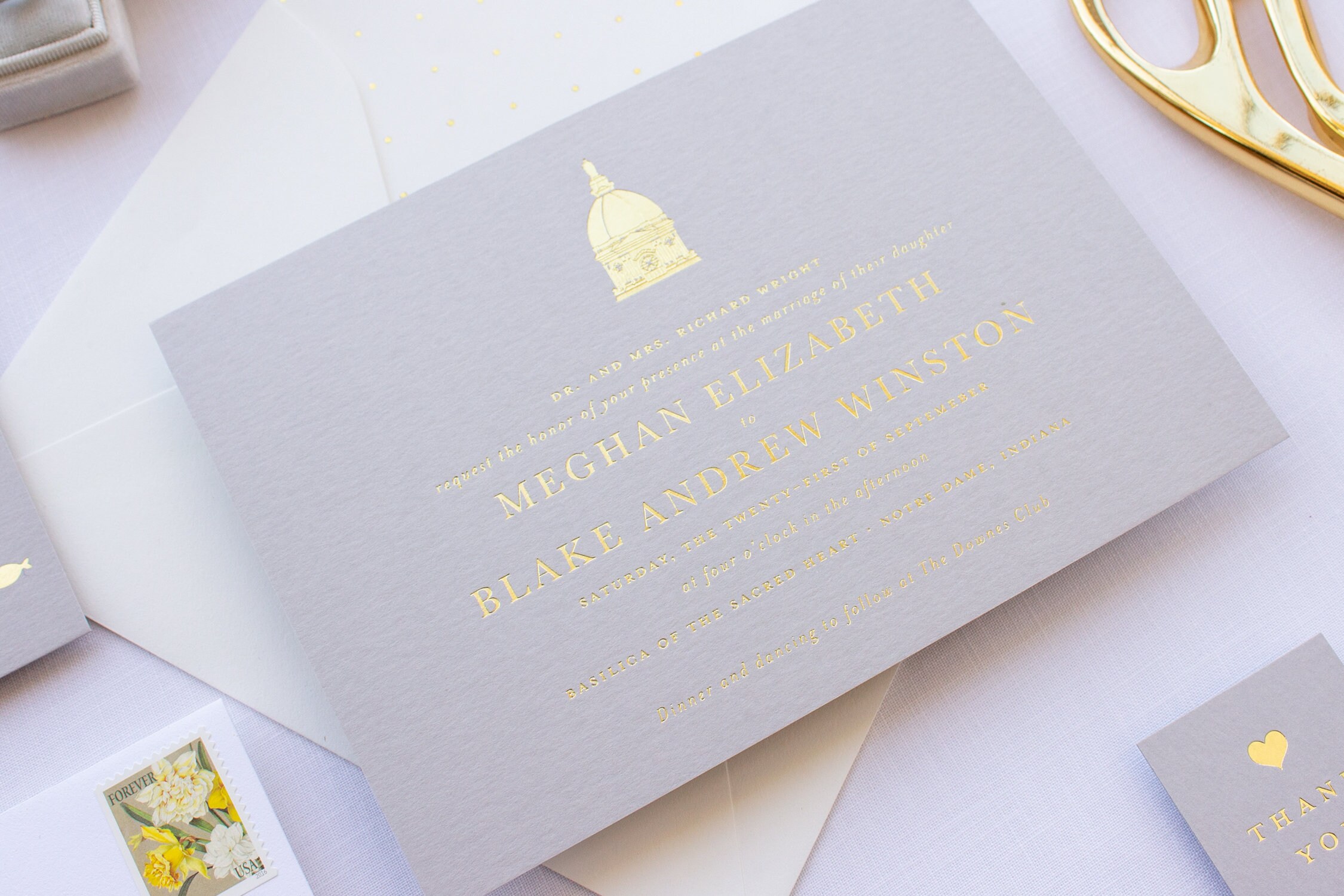 Invitations for Notre Dame Wedding, Grey and Gold Wedding ...