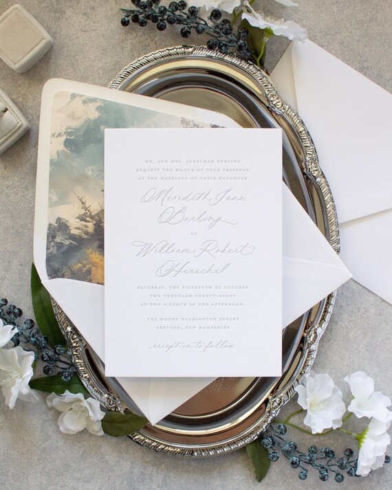 Mountain Wedding Invitations, Silver Letterpress Invitations, Envelope Liner Invitation Suites | SAMPLE | Summit