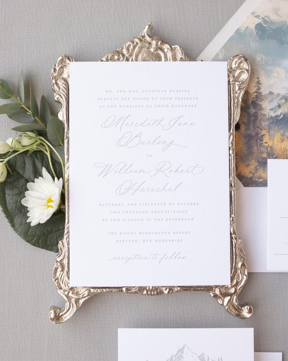 Mountain Wedding Invitations, Silver Letterpress Invitations, Envelope Liner Invitation Suites | SAMPLE | Summit