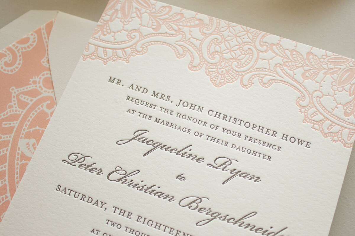 Letterpress Wedding Invitation with Letterpress Lace, Vintage Lace Invitation, Pink Invitations