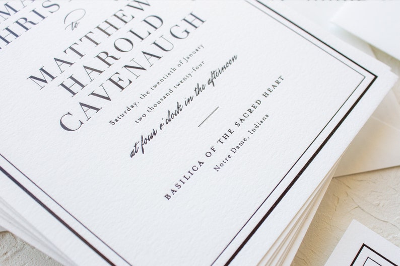 Classic Wedding Invitations for Notre Dame Brides SAMPLE Classic Border Black Foil Stamp Invitations for Formal Weddings