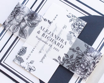 Printed Vellum Wedding Invitations, Navy Letterpress Wedding Invitations, Navy Blue Invitation Suite, SAMPLES | Alejandra