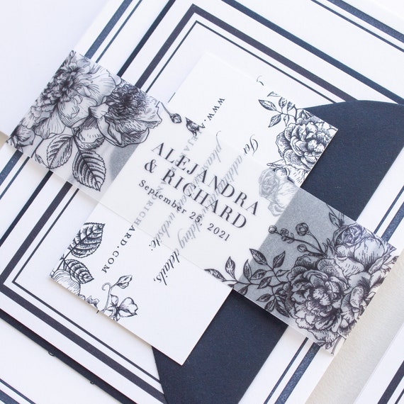 Printed Vellum Wedding Invitations, Navy Letterpress Wedding Invitations, Navy Blue Invitation Suite, SAMPLES | Alejandra