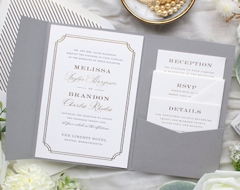 Foil Stamped Wedding Invitations, Pocketfolder Invitation Suite, Wedding Invite Pocket folder for insert cards, SAMPLES | Proper