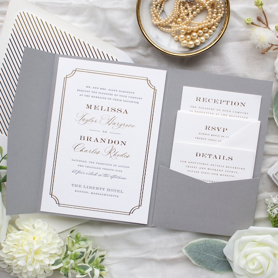 Foil Stamped Wedding Invitations, Pocketfolder Invitation Suite, Wedding Invite Pocket folder for insert cards, SAMPLES | Proper