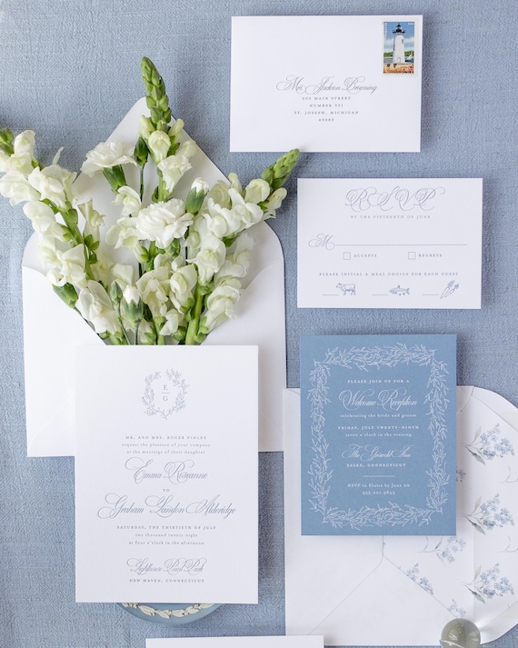 Wedding Crest Invitation Suite, Letterpress Invitation with Monogram in Light Blue, Silk Ribbon Invitation Suites | SAMPLE Haven