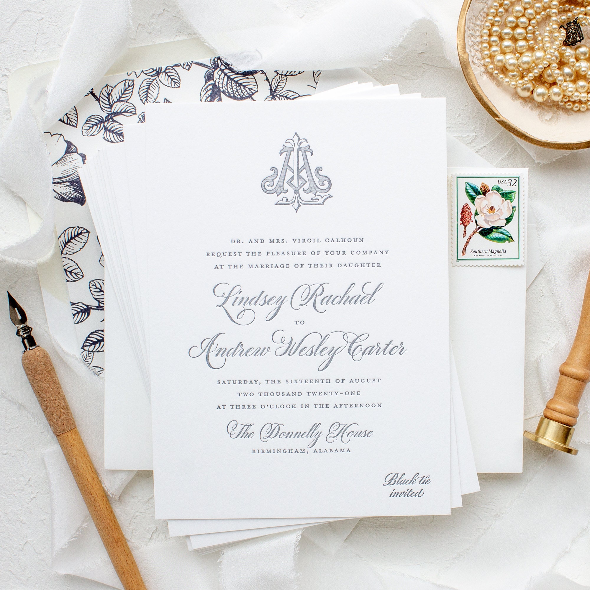 Traditional Letterpress Wedding Invitations with Vintage Monogram