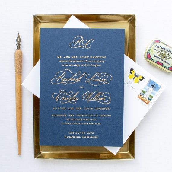 Navy and Gold Wedding Invitations, Foil Calligraphy Invitations for Traditional Weddings Custom Navy Invitation suite | SAMPLE | Traditional