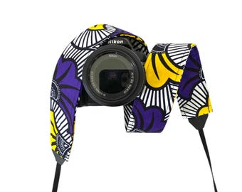 Paarse en gele camerariem / DSLR-camerariem voor Nikon, Canon, Sony en meer / Stoffen camerariem