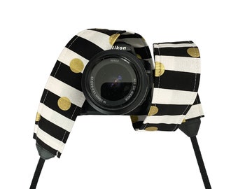 Black and Gold Stripe Camera Strap / DSLR Camera Strap for Nikon, Canon, Sony and more / Fabric Camera Strap