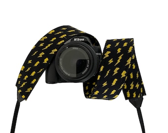 Yellow and Black Lightning Bolts Camera Strap /  DSLR Camera Strap for Nikon, Canon, Sony and more / Fabric Camera Strap