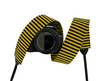 Yellow and Black Striped Camera Strap /  DSLR Camera Strap for Nikon, Canon, Sony and more / Fabric Camera Strap