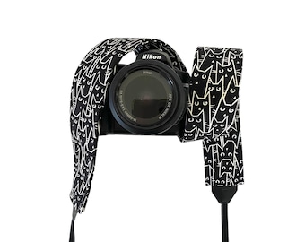 Black and White Cat Camera Strap / DSLR Camera Strap for Nikon, Canon, Sony and more / Fabric and Nylon