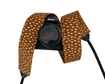 The Boho Camera Strap / Brown and Tan Polka Dot Strap / DSLR Camera Strap for Nikon, Canon, Sony and more / Fabric Camera Strap