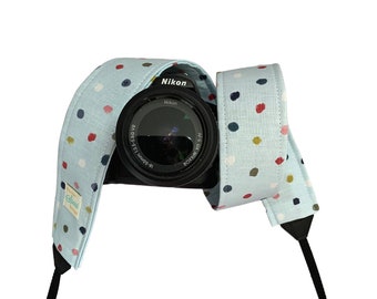 Blue Party Polka Dot Camera Strap / DSLR Camera Strap for Nikon, Canon, Sony and more / Fabric Camera Strap
