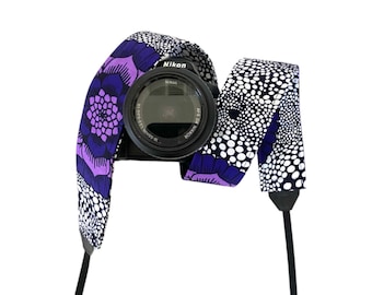 Purple and Black Floral Camera Strap / DSLR Camera Strap for Nikon, Canon, Sony and more / Fabric Camera Strap