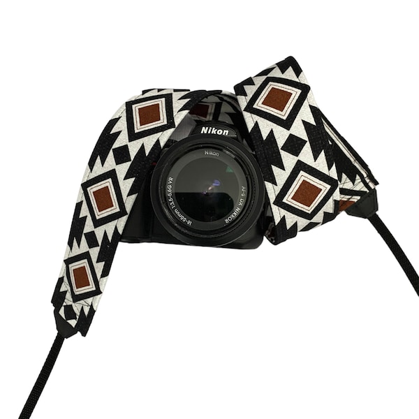 Black and Brown Geometric Camera Strap / DSLR Camera Strap for Nikon, Canon, Sony and more / Fabric Camera Strap